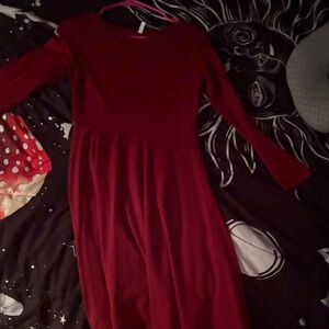 Long Sleeve Burgundy Fit-and-Flare Knit Dress
